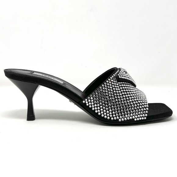 Prada Black Satin Crystal Studded Triangle Logo Slip On Sandal Mules Heels - Picture 4 of 11